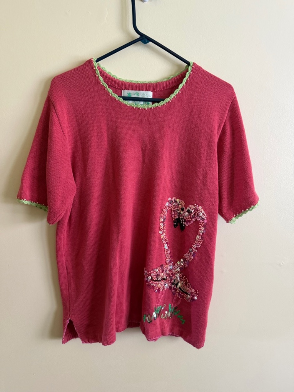 Quacker Factory Pink Knit Top with Green Trim